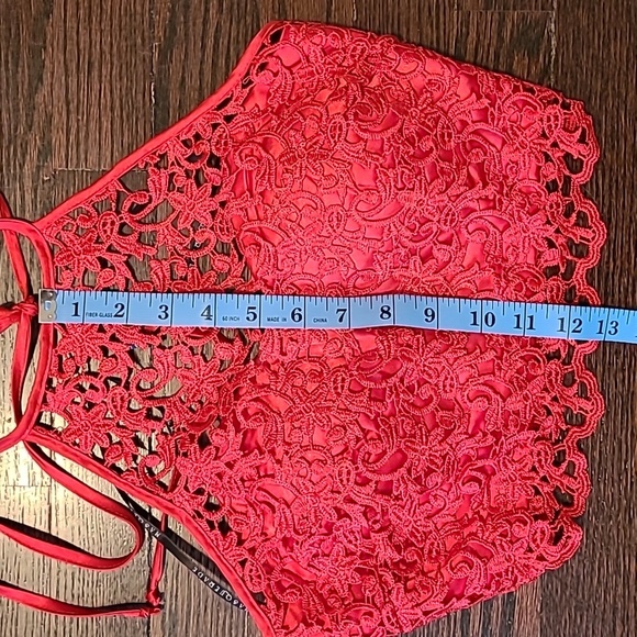 Red Lace Satin Halter Crop Top Women's 1 Sexy Romantic Party Elevated Casual - Picture 10 of 10
